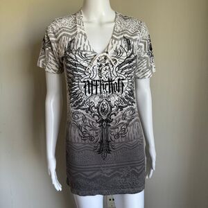 Affliction Y2K Grunge Tee With Lace-Up Detail And Beading Emo Goth 100% Cotton